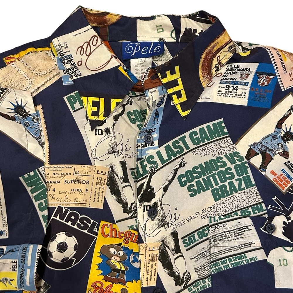 Vintage 1994 Pele Silk Shirt Commemorating The Cosmos & Santos Soccer Teams L